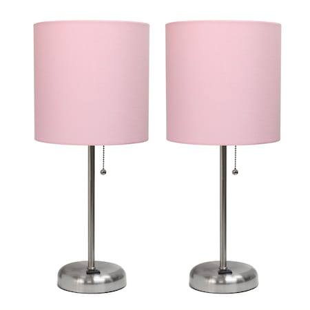 Brushed Steel Stick Lamp With Charging Outlet Set, Light Pink, PK 2